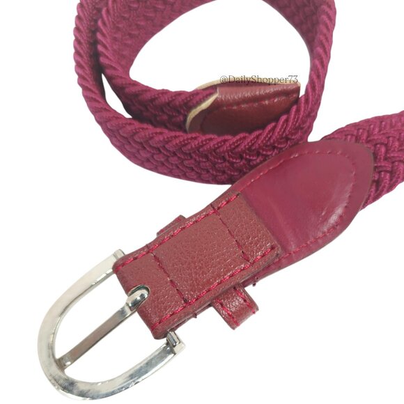 Women's Burgundy Braided Elastic Belt with Vegan Leather Details - Picture 7 of 9